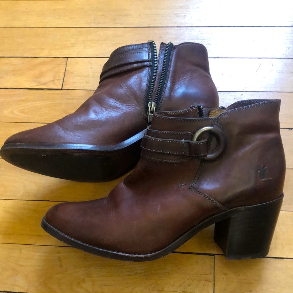 Brown Leather Ankle Boots with Buckle Strap